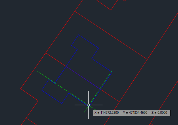 AutoCAD tekening met de positie van een woning in het RD-stelsel