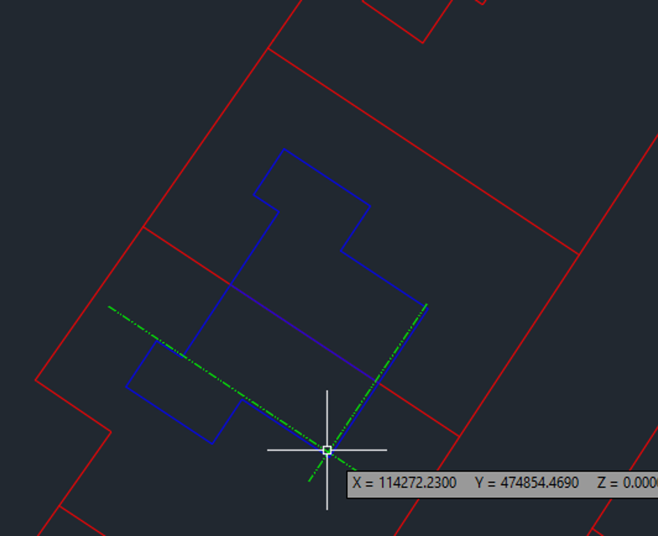 AutoCAD tekening met de positie van een woning in het RD-stelsel