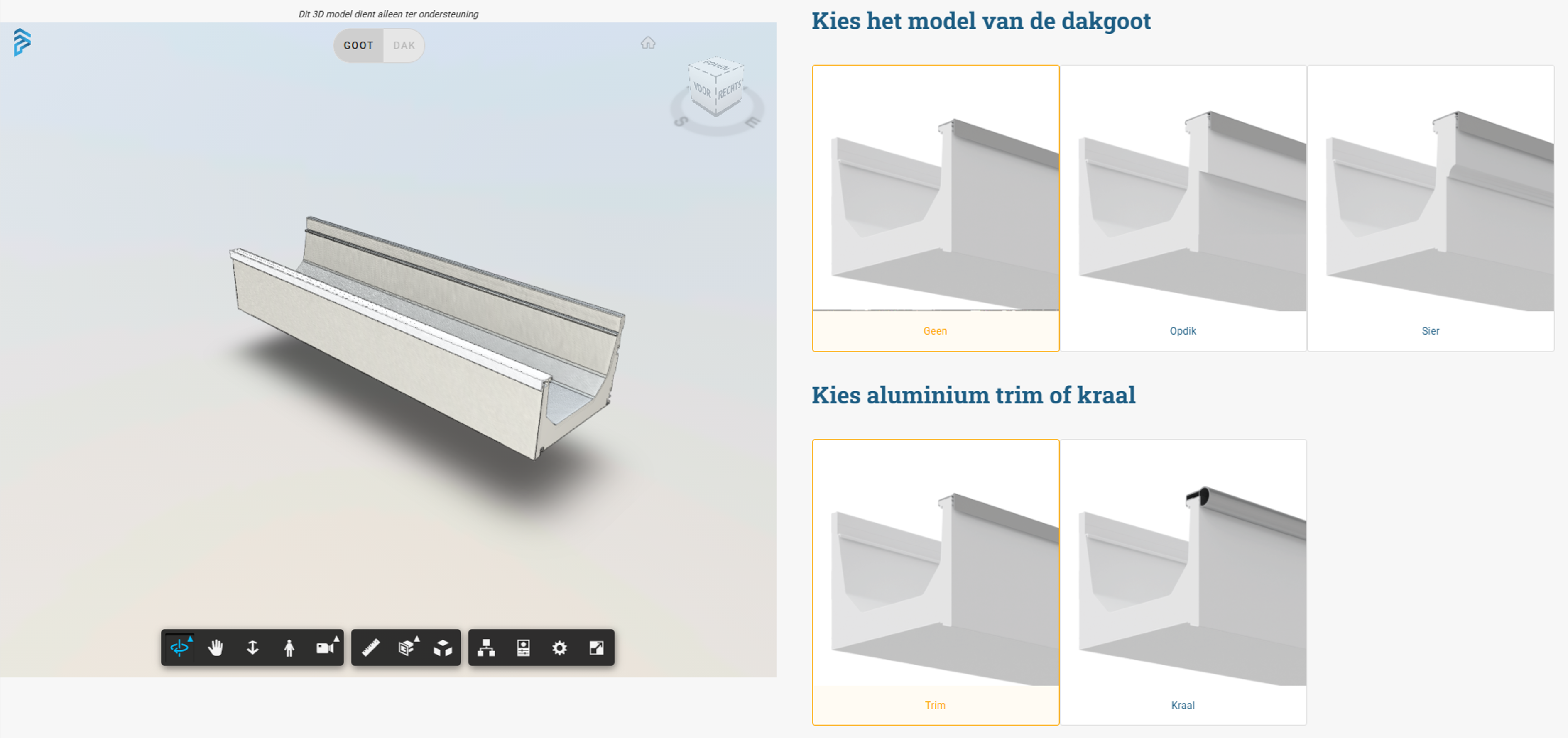 dialoogvenster productconfigurator voor dakgoten